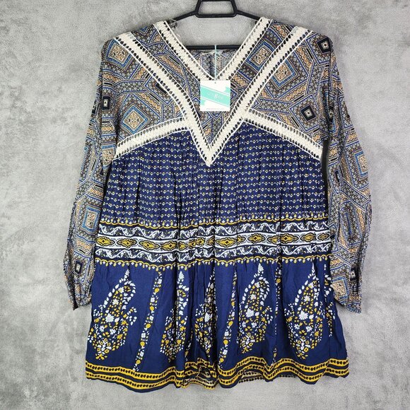 Umgee USA Womens Bohemian Tunic Dress Mixed Print Navy & Yellow 100% Rayon S - Picture 2 of 11